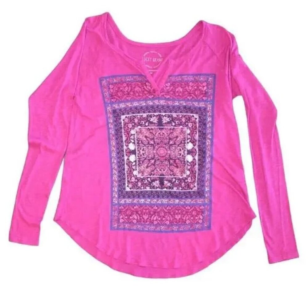 Lucky Brand Boho Metallic Medallion Top Pink Blue Long Sleeve M